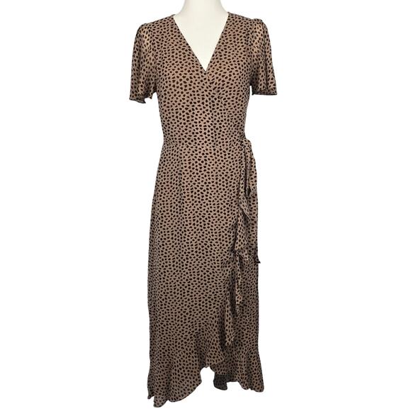 Array Dresses & Skirts - Arrays Cheetah Print Wrap Midi Dress Ruffle Hem V Neck Brown Size M